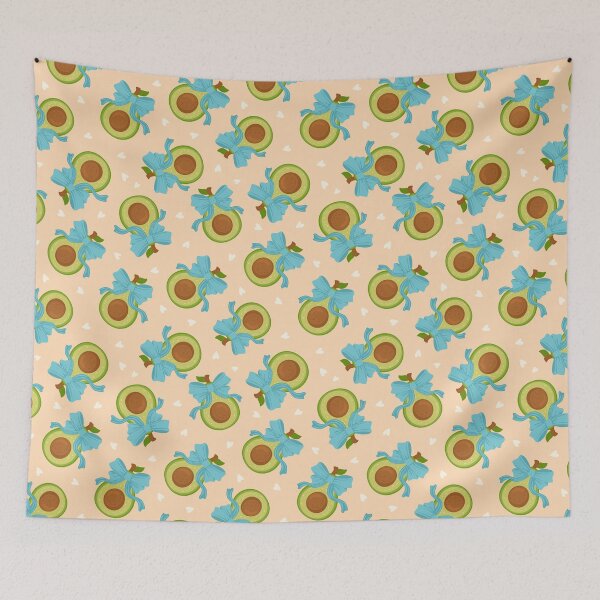 Item preview, cute avocados and coquette bows on cream beige scattered hearts background pattern designed and sold by artgeige.