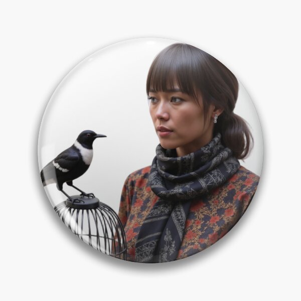 Item preview, Woman Holding Birdcage with Magpie Perched on Top Against Black Background designed and sold by Creative88Art.