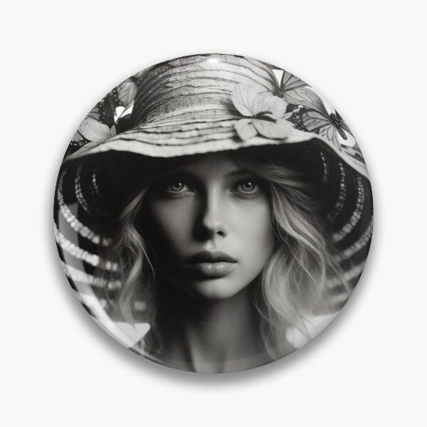 Item preview, Black and White Portrait of Woman in Striped Hat with Butterfly Designs designed and sold by Creative88Art.