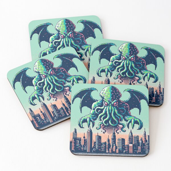 Item preview, Cthulhu in 8-bit over a city designed and sold by Retro Occult.