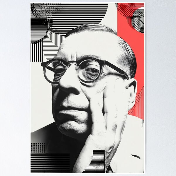 Item preview, Jean-Paul Sartre Retro Thinker Portrait with Geometric Red and Black Line Art designed and sold by Retrocranio.