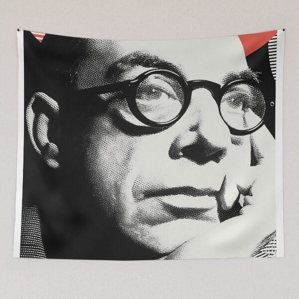 Item preview, Jean-Paul Sartre Thoughtful Retro Portrait with Glasses and Red Striped Pop Art designed and sold by Retrocranio.