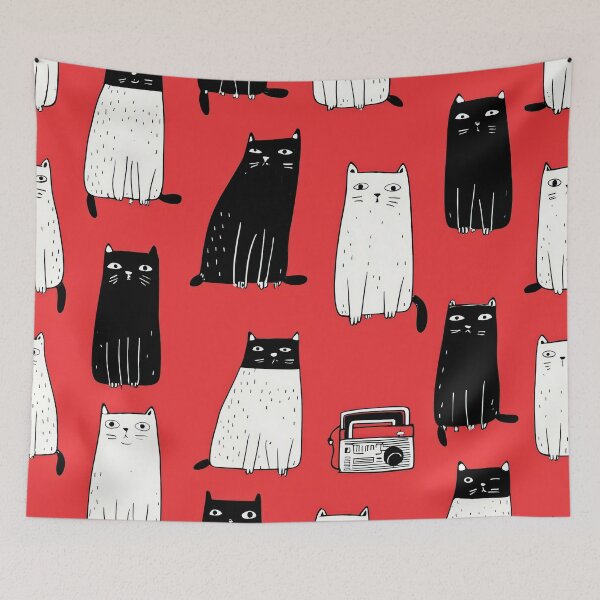 Item preview, Quirky Black and White Cats with Radio on Bold Red Background designed and sold by Retrocranio.