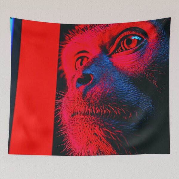 Item preview, Neon Monkey Portrait – Cyberpunk Primate in Red and Blue Light designed and sold by Retrocranio.