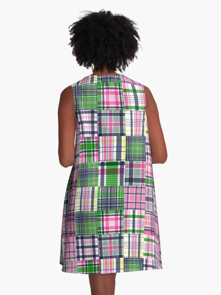 Thumbnail 3 of 4, A-Line Dress, Summer Plaid Pink Madras Patchwork designed and sold by emrdesigns.