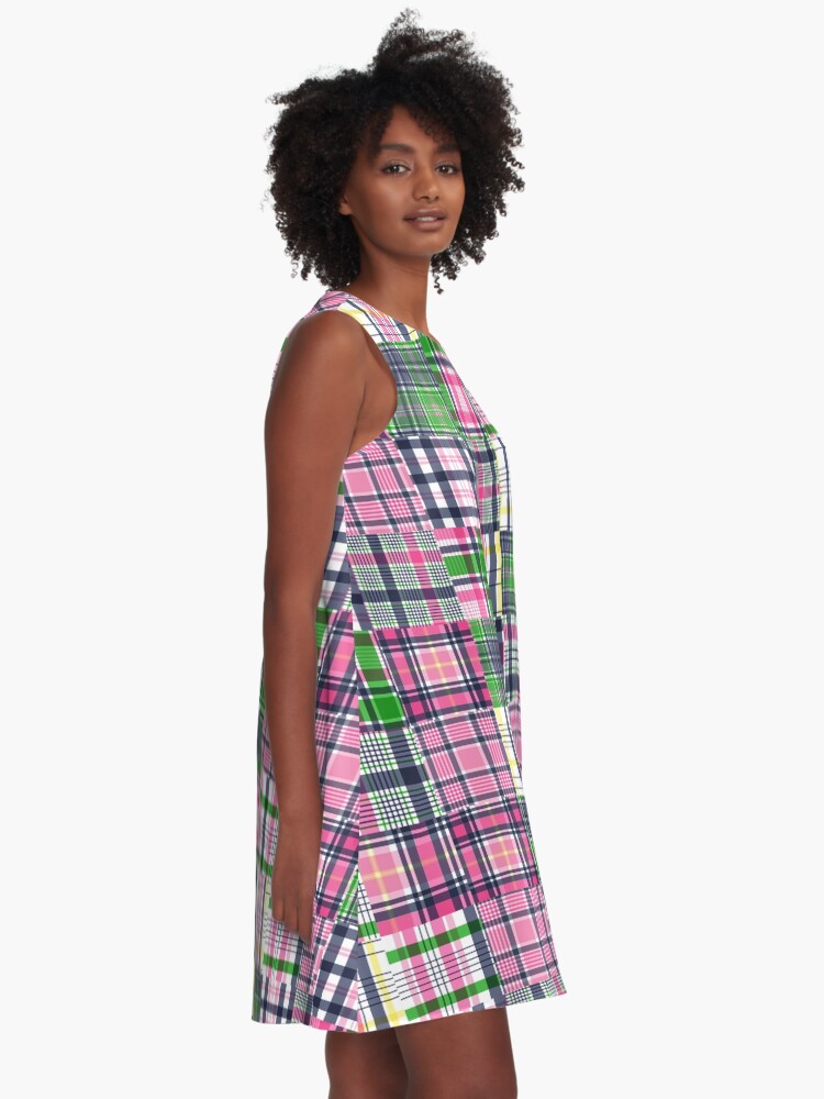 Thumbnail 2 of 4, A-Line Dress, Summer Plaid Pink Madras Patchwork designed and sold by emrdesigns.