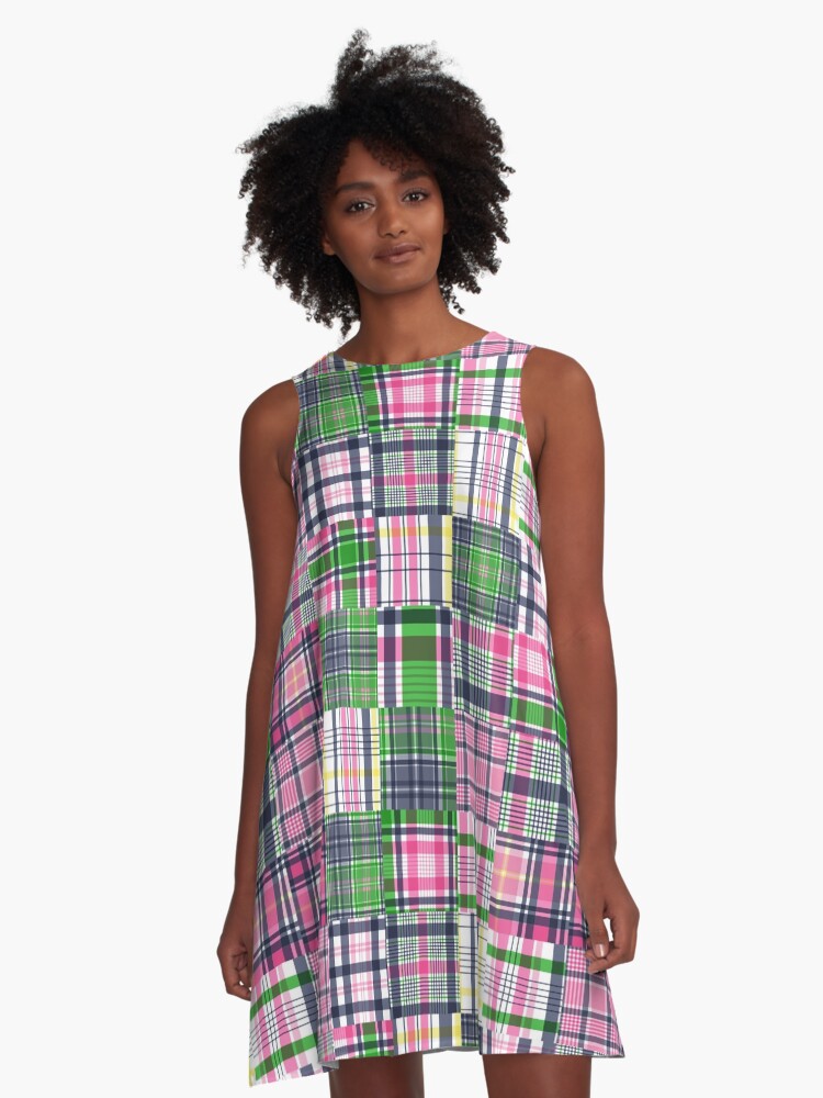 Thumbnail 1 of 4, A-Line Dress, Summer Plaid Pink Madras Patchwork designed and sold by emrdesigns.