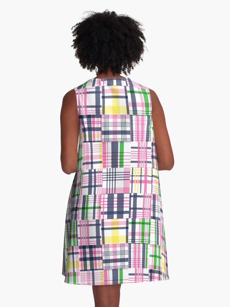 Thumbnail 3 of 4, A-Line Dress, Preppy Pink Patchwork Madras designed and sold by emrdesigns.
