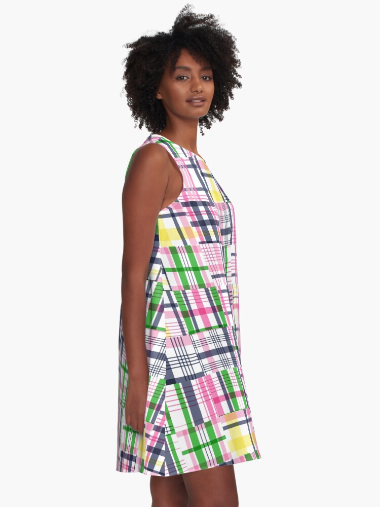 Thumbnail 2 of 4, A-Line Dress, Preppy Pink Patchwork Madras designed and sold by emrdesigns.