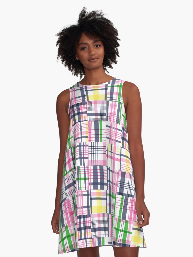 Thumbnail 1 of 4, A-Line Dress, Preppy Pink Patchwork Madras designed and sold by emrdesigns.