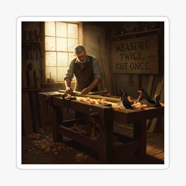 Item preview, Carpenter at Work – Measure Twice, Cut Once – Vintage Woodworking Art designed and sold by -DEEWOLF-.