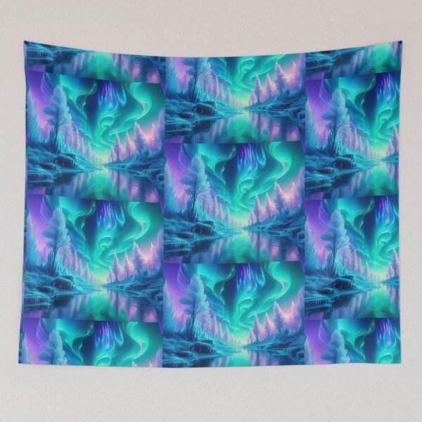 Item preview, Neon Aurora Borealis in Whimsical Enchanted Forest, Northen Lights, Winter Forest, Beautiful Landscapes designed and sold by matchakpop.