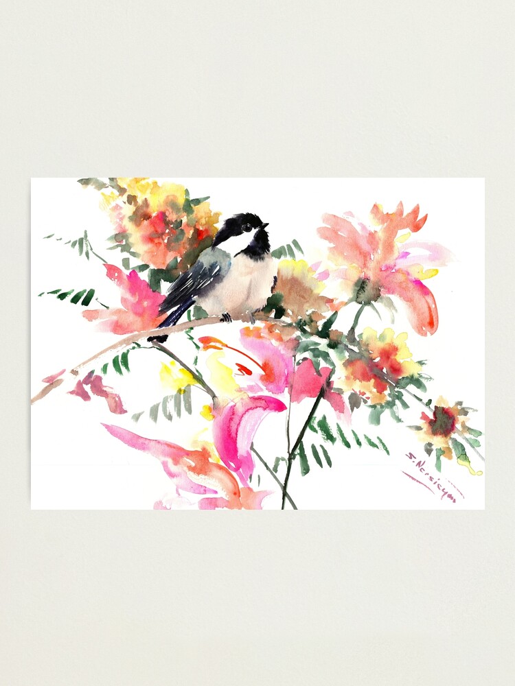 Lámina fotográfica «Pájaro y flores, Pájaros, Chickadee, Melocotón, naranja,  amarillo, rojo, diseño, floral» de surenart | Redbubble