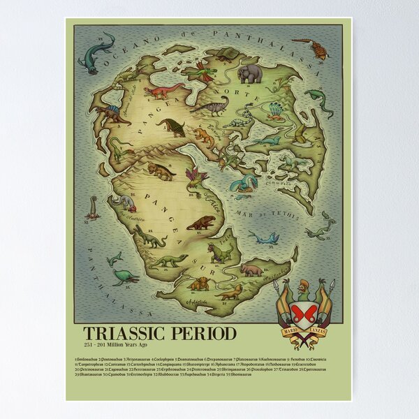 Item preview, TRIASSIC period map (vintage syle) Medieval Bestiary. Pangea Map designed and sold by Mario Lanzas.