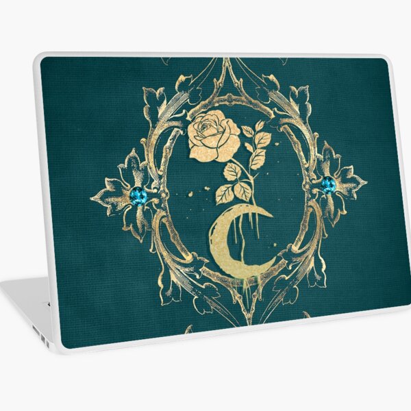 Moon & Rose – Magical Botanical Symbolism on Emerald Green Laptop Skin