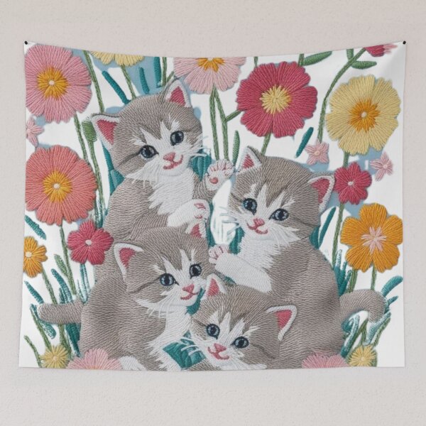 Item preview, Cute Embroidered Kittens and Colorful Flowers designed and sold by ArtDesignTp.