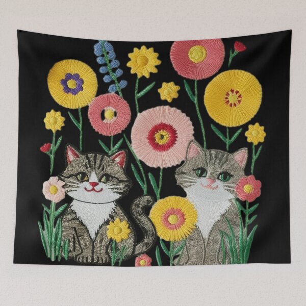 Item preview, Playful Cats in a Colorful Floral Garden Embroidery Design designed and sold by ArtDesignTp.