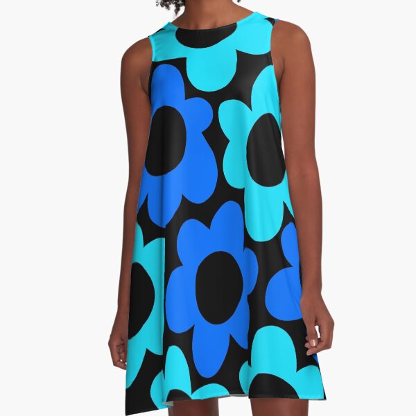 Item preview, Retro 1960's Blue And Aqua Flower Pattern On Black designed and sold by DEC02.