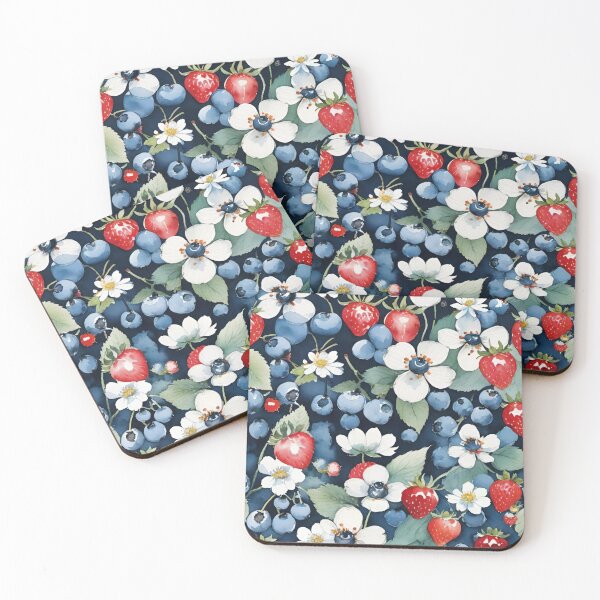 Item preview, Strawberries And Blueberries With White Flowers On A Deep Blue Background designed and sold by CarrollGene.