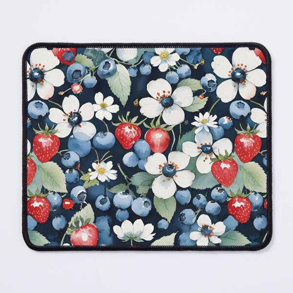 Item preview, Strawberries And Blueberries With White Flowers On A Deep Blue Background designed and sold by CarrollGene.