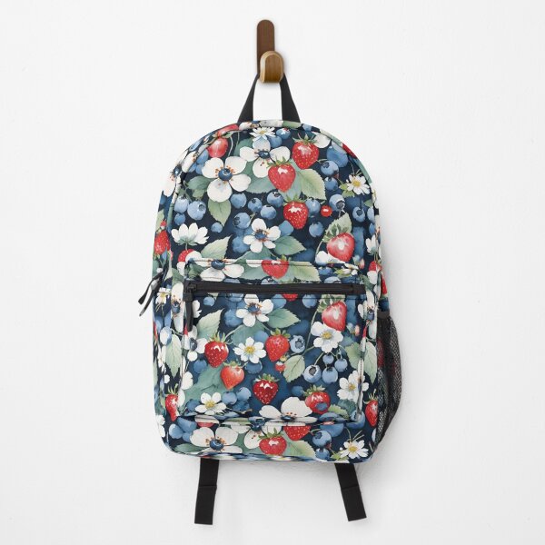 Item preview, Strawberries And Blueberries With White Flowers On A Deep Blue Background designed and sold by CarrollGene.