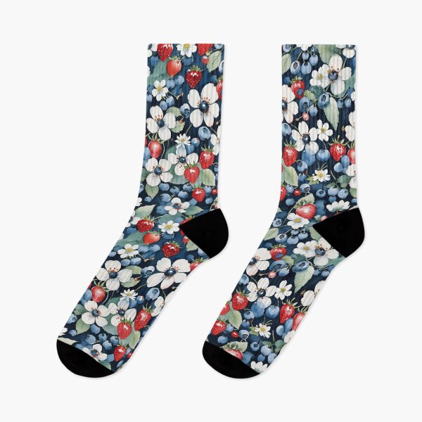 Item preview, Strawberries And Blueberries With White Flowers On A Deep Blue Background designed and sold by CarrollGene.