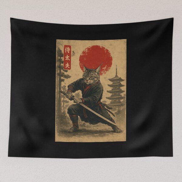 Item preview, Vintage Ninja Samurai Cat Graphic Tees Art Japanese Anime designed and sold by cawtoon.