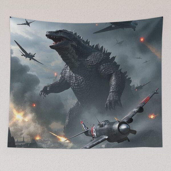 Item preview, Poster world war two, plane fights, in the air, godzilla in the background designed and sold by valdoBEtrand.
