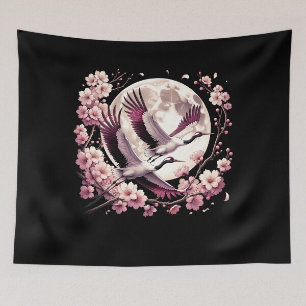 Item preview, Japanese Art Cranes Cherry Blossom Flower Tree designed and sold by Kimberley King Art  King Art.