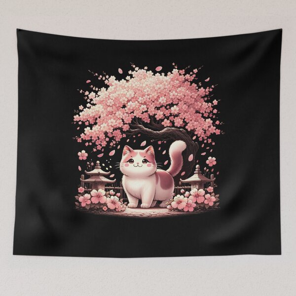 Item preview, Japanese Kawaii Cat Neko Cherry Blossom Flower Trees designed and sold by Kimberley King Art  King Art.