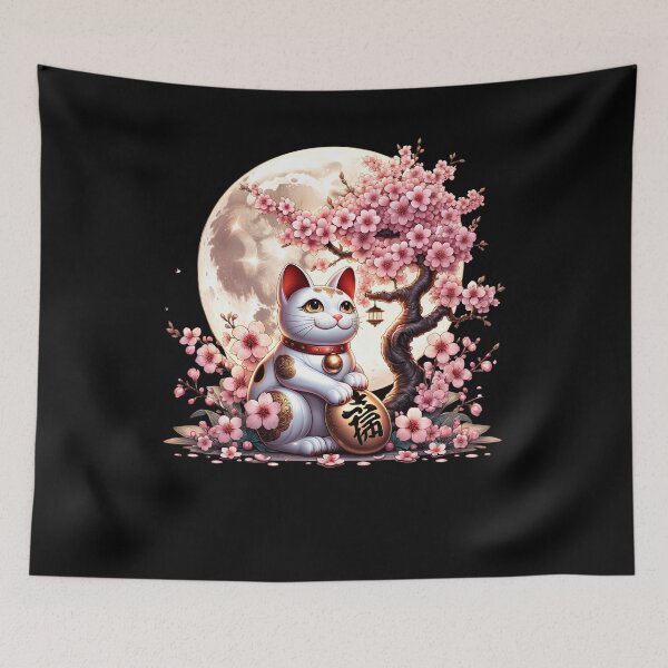 Item preview, Maneki Neko Japanese Lucky Cat Cherry Blossom Moon designed and sold by Kimberley King Art  King Art.