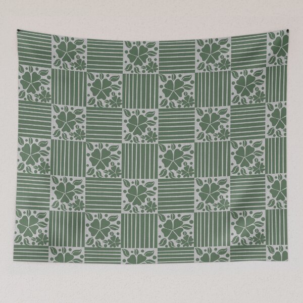 Item preview, Vintage Floral Stripe Checkerboard Pattern in Green designed and sold by DColourMuse.