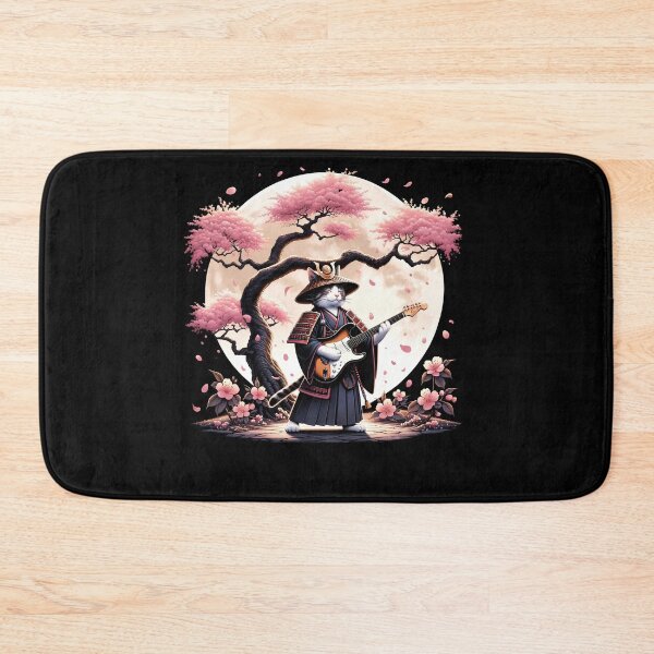 Item preview, Japanese Samurai Cat Playing Electric Guitar Cherry Blossom Guitarist designed and sold by Kimberley King Art  King Art.
