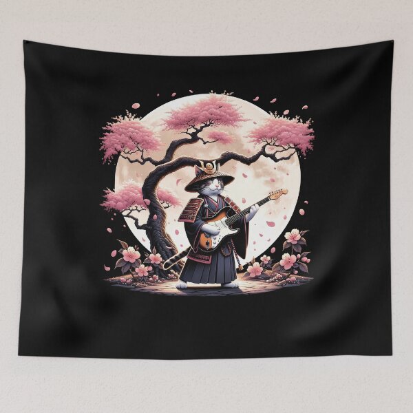 Item preview, Japanese Samurai Cat Playing Electric Guitar Cherry Blossom Guitarist designed and sold by Kimberley King Art  King Art.