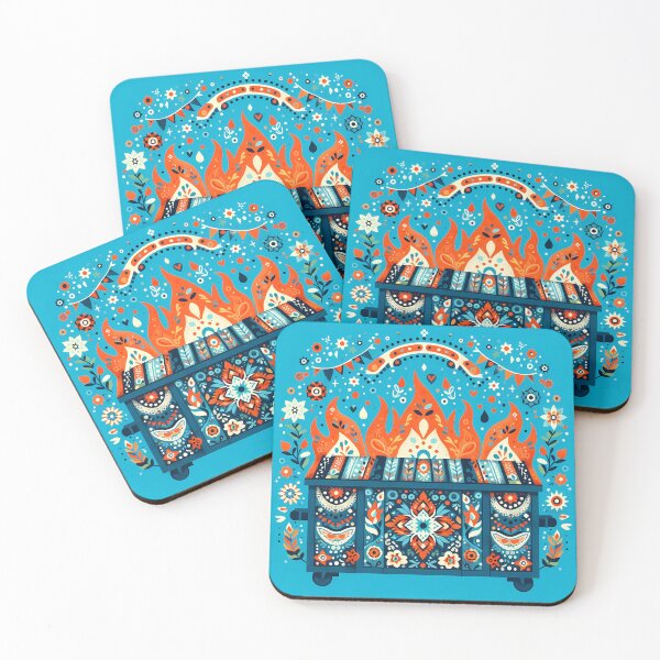 Item preview, Scandinavian Folk Art Blue Dumpster Fire with Decorative Garland and Dancing Flames by heidiannemorris © designed and sold by FOLK ART FUSION by heidiannemorris.
