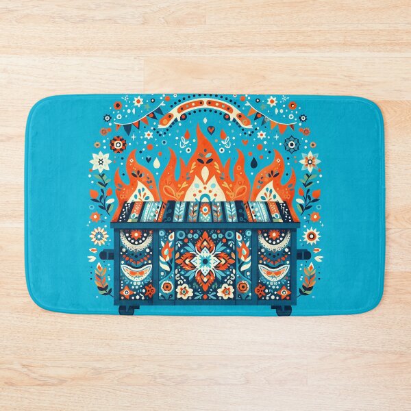 Item preview, Scandinavian Folk Art Blue Dumpster Fire with Decorative Garland and Dancing Flames by heidiannemorris © designed and sold by FOLK ART FUSION by heidiannemorris.