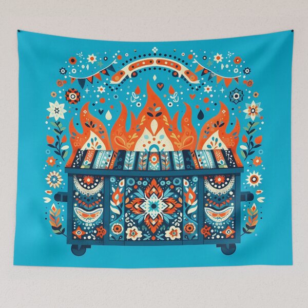 Item preview, Scandinavian Folk Art Blue Dumpster Fire with Decorative Garland and Dancing Flames by heidiannemorris © designed and sold by FOLK ART FUSION.