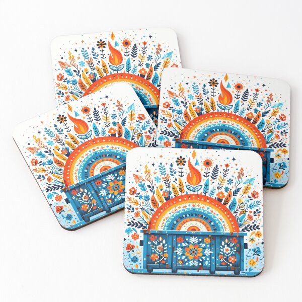 Item preview, Scandinavian Folk Art Blue Dumpster Fire with Explosive Rainbow and Wildflowers by heidiannemorris © designed and sold by FOLK ART FUSION by heidiannemorris.