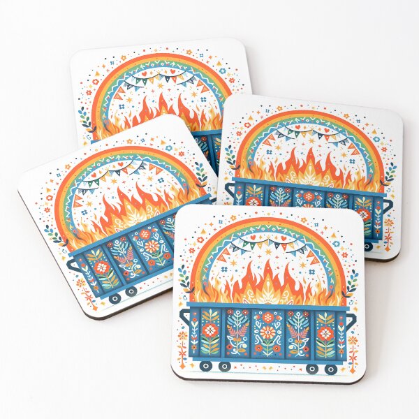 Item preview, Scandinavian Folk Art Blue Dumpster Fire with Full Rainbow and Radiant Flames by heidiannemorris © designed and sold by FOLK ART FUSION by heidiannemorris.