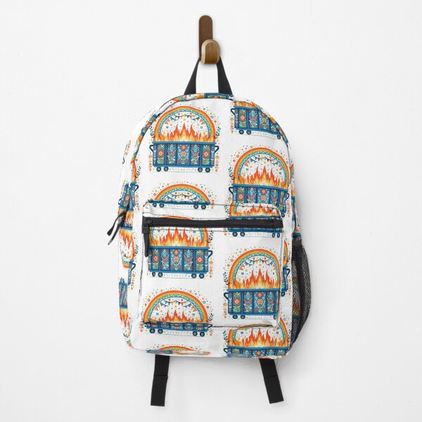 Item preview, Scandinavian Folk Art Blue Dumpster Fire with Full Rainbow and Radiant Flames by heidiannemorris © designed and sold by FOLK ART FUSION by heidiannemorris.