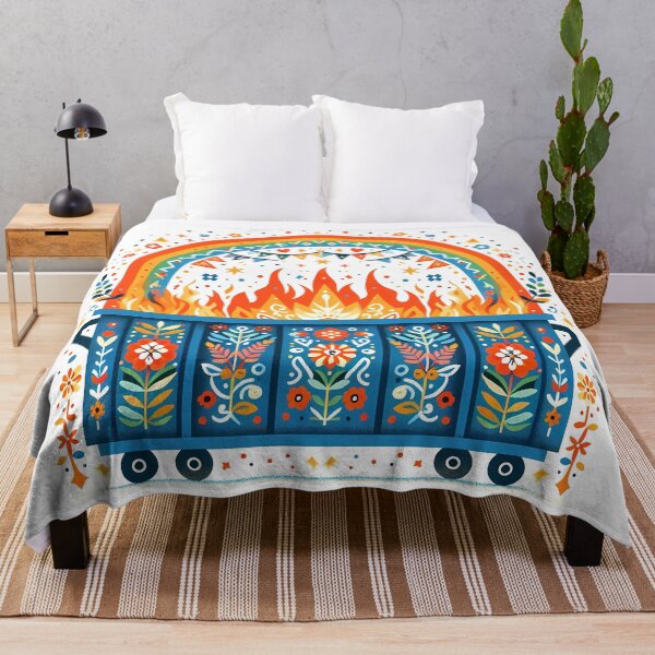 Item preview, Scandinavian Folk Art Blue Dumpster Fire with Full Rainbow and Radiant Flames by heidiannemorris © designed and sold by FOLK ART FUSION by heidiannemorris.