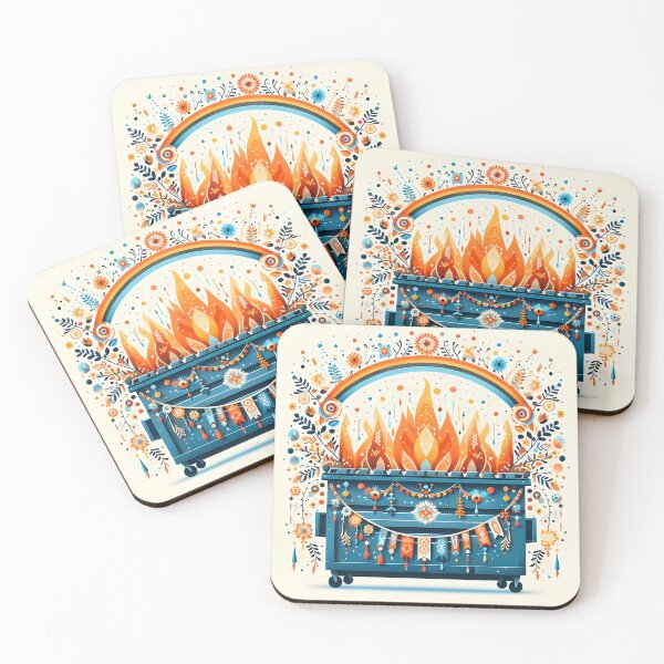 Item preview, Scandinavian Folk Art Blue Dumpster Fire with Half Rainbow and Marigold Flames by heidiannemorris © designed and sold by FOLK ART FUSION by heidiannemorris.