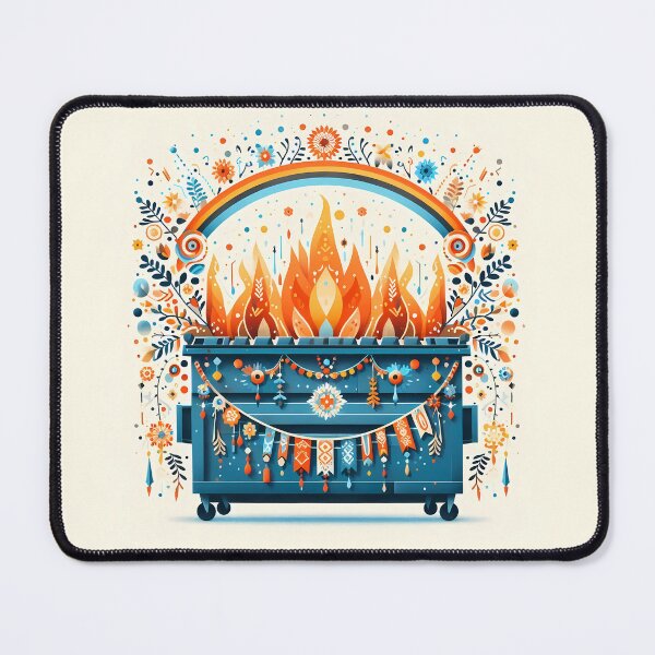 Item preview, Scandinavian Folk Art Blue Dumpster Fire with Half Rainbow and Marigold Flames by heidiannemorris © designed and sold by FOLK ART FUSION by heidiannemorris.