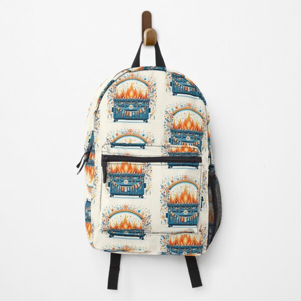 Item preview, Scandinavian Folk Art Blue Dumpster Fire with Half Rainbow and Marigold Flames by heidiannemorris © designed and sold by FOLK ART FUSION by heidiannemorris.