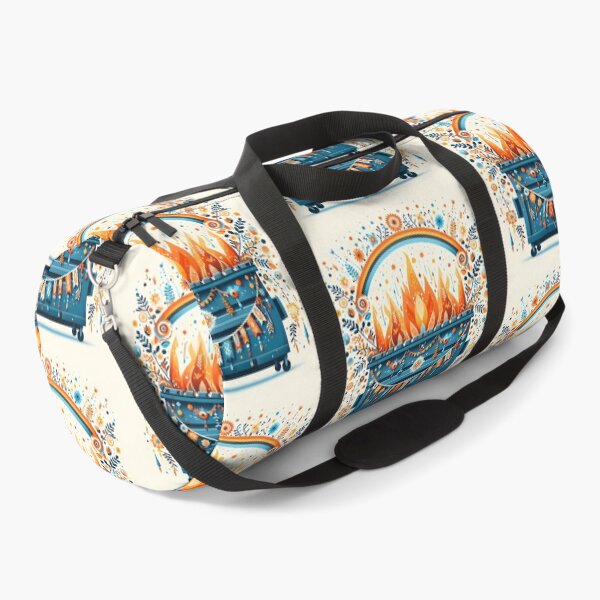 Item preview, Scandinavian Folk Art Blue Dumpster Fire with Half Rainbow and Marigold Flames by heidiannemorris © designed and sold by FOLK ART FUSION by heidiannemorris.