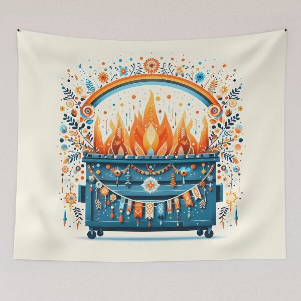 Item preview, Scandinavian Folk Art Blue Dumpster Fire with Half Rainbow and Marigold Flames by heidiannemorris © designed and sold by FOLK ART FUSION by heidiannemorris.