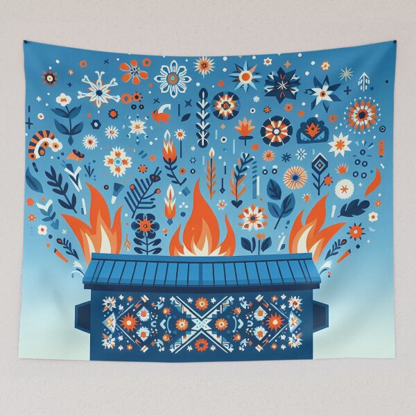 Item preview, Scandinavian Folk Art Blue Dumpster Fire with Starburst Flowers and Midnight Flames by heidiannemorris © designed and sold by FOLK ART FUSION.
