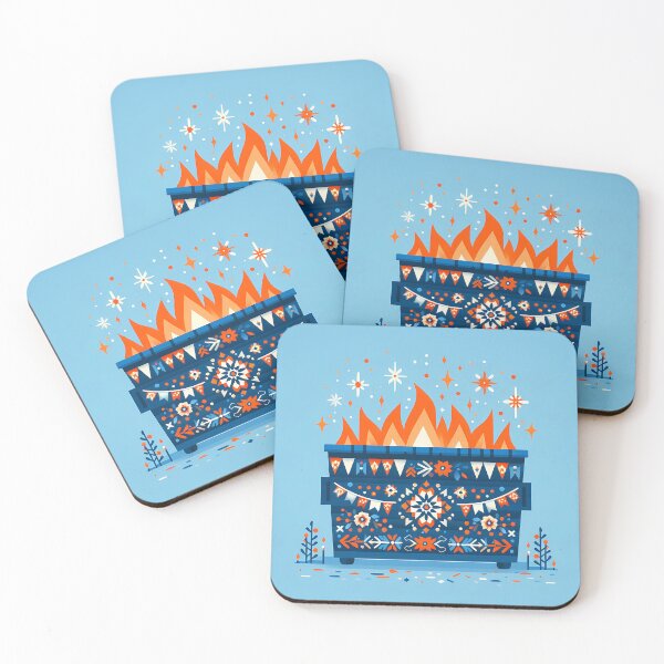 Item preview, Scandinavian Folk Art Blue Dumpster Fire with Scattered Stars and Gentle Flames by heidiannemorris © designed and sold by FOLK ART FUSION by heidiannemorris.