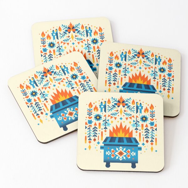 Item preview, Scandinavian Folk Art Blue Dumpster Fire with Hanging Folk Flowers and Sharp Flames by heidiannemorris © designed and sold by FOLK ART FUSION by heidiannemorris.
