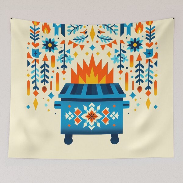 Item preview, Scandinavian Folk Art Blue Dumpster Fire with Hanging Folk Flowers and Sharp Flames by heidiannemorris © designed and sold by FOLK ART FUSION.